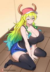 Rule 34 | 1girl, ass, black skirt, blonde hair, blue hair, blue shorts, blush, brown horns, closed mouth, denim, denim shorts, dragon girl, eyebrows hidden by hair, green eyes, green hair, green nails, hat, highres, horns, huge ass, jarckius, kobayashi-san chi no maidragon, long hair, lucoa (maidragon), multicolored hair, on floor, one eye closed, patreon logo, patreon username, pink hat, short shorts, shorts, sitting, skirt, smile, tank top, thighhighs, very long hair, wariza, wooden floor