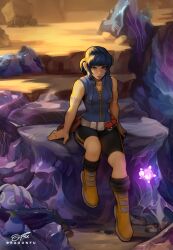 1girl arm_support arm_tattoo artist_name belt bike_shorts black_hair black_shorts blue_shirt blunt_bangs boots breasts brown_eyes chest_tattoo commentary commission creatures_(company) crustle double_vertical_stripe dragonfu english_commentary expressionless eyelashes from_above full_body game_freak gen_2_pokemon gen_3_pokemon gen_5_pokemon gen_7_pokemon glowing grey_belt hair_strand highres hiking kate_mikolajczyk_(silverfox442) larvitar lileep lips looking_at_viewer medium_breasts minior nintendo obsidian_rock original parted_lips partially_unzipped poke_ball pokemon pokemon_(creature) ponytail rock rope shirt short_hair short_ponytail shorts sidelocks signature single_bare_shoulder sitting sleeveless sleeveless_shirt solo sunset tattoo unownglyphics upturned_eyes yellow_boots