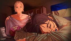 2girls absurdres arm_pillow arms_on_table blanket blonde_hair bookshelf brown_hair closed_eyes covering_with_blanket desk freckles green_eyes head_on_arm highres holding holding_blanket indoors jacket jewelry kaiba47 long_hair long_sleeves looking_at_another messy_hair military motherly multiple_girls office olena_bozhuk original paper_stack shefika_(usergore) signature sleeping sleeping_on_desk sweater ukraine ukrainian_flag