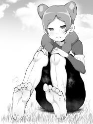 1girl barefoot beta_(inazuma_eleven) blush feet fetish_third grass hands_on_own_knees highres inazuma_eleven inazuma_eleven_(series) long_hair looking_at_viewer monochrome smile soles steam sweat toes