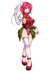 &gt;:) 1girl adapted_costume anklet bandaged_arm bandages bracer breasts bun_cover closed_mouth cuffs double_bun female_focus flower full_body hair_bun ibaraki_kasen jewelry kupala large_breasts looking_at_viewer pink_flower pink_hair pink_rose red_shoes rose shackles shoes short_hair showgirl_skirt sideboob single_thighhigh skirt smile solo thighhighs touhou v-shaped_eyebrows yellow_eyes