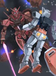 Rule 34 | absurdres, armor, battle, blue eyes, commentary, energy sword, gundam, gundam gquuuuuux, highres, holding, holding sword, holding weapon, level-00, looking at viewer, mecha, mecha focus, no humans, red armor, red gundam, robot, rx-78-2 gundam, science fiction, shield, space, sword, symbol-only commentary, weapon, white armor