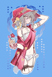 1girl absurdres animal_ears arknights armlet bikini blue_background bracelet collar collarbone cup drinking_straw ears_through_headwear flower frilled_bikini frilled_bracelet frills grey_hair hair_between_eyes hair_ornament hat highres holding holding_cup jewelry kaleka knife looking_at_viewer nail_polish navel projekt_red_(arknights) red_flower side_ponytail solo standing swimsuit tail thigh_strap white_bikini witch_hat wolf_ears wolf_girl wolf_tail yellow_eyes
