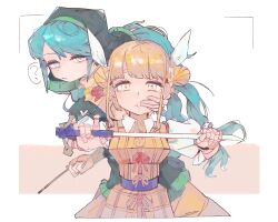 2girls 4qw5 ? apron arm_ribbon belt blonde_hair blue_hair blunt_ends breasts checkered_clothes checkered_dress closed_mouth collared_shirt commentary_request cowboy_shot double_bun dress flower frills green_apron green_headscarf hair_bun hair_ribbon hand_on_another&#039;s_face hands_up haniyasushin_keiki headscarf highres holding holding_paintbrush holding_sword holding_weapon jewelry joutouguu_mayumi katana long_hair looking_at_viewer magatama magatama_necklace medium_breasts multiple_girls necklace orange_dress paintbrush pink_eyes pocket puffy_short_sleeves puffy_sleeves purple_belt red_ribbon ribbon shirt short_hair short_sleeves sidelocks simple_background spoken_question_mark standing sword touhou turtleneck turtleneck_dress wavy_hair weapon white_background white_flower white_ribbon white_shirt yellow_dress yellow_eyes
