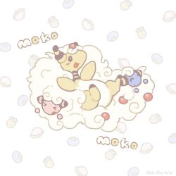 :d ampharos black_eyes bright_pupils daifuku_(pokefuka_art) evolutionary_line flaaffy fluffy gen_2_pokemon highres mareep mixed-language_commentary nintendo no_humans open_mouth pokemon pokemon_(creature) pokemon_focus smile white_background white_pupils