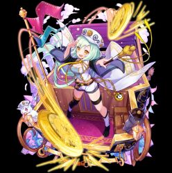 1girl :d accelerator_(merc_sotria) animal aqua_hair asymmetrical_legwear belt bird black_background black_thighhighs boots breasts cat chain cleavage clock coin full_body gears green_hair hand_up hat highres holding holding_wand large_breasts long_hair long_sleeves looking_at_viewer medium_breasts merc_storia midriff navel official_art open_mouth peaked_cap pocket_watch ribbon shaded_face short_shorts shorts simple_background single_thighhigh smile solo standing tachi-e thigh_strap thighhighs treasure_chest very_long_hair wand watch white_hat white_shorts wide_sleeves yellow_eyes