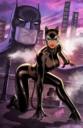 1boy 1girl batman batman_(series) black_bodysuit bodysuit brown_eyes building catwoman cityscape david_nakayama dc_comics goggles highres initial looking_at_viewer outdoors skyscraper