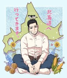 1boy animal animal_on_head black_eyes black_hair corn cow crossed_legs facial_hair facial_mark flower goatee golden_kamuy hair_slicked_back highres hitomin_(joutaro195) hokkaido looking_at_viewer male_focus minimized ogata_hyakunosuke on_head potato shirt short_hair sitting sunflower white_shirt