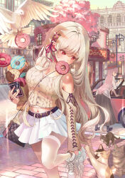 2girls absurdres bag bird black_hat black_skirt blonde_hair blue_eyes breasts building buttons car cat cellphone cherry_blossoms cleavage clothing_cutout donut dove earrings european_architecture facing_away food food_in_mouth handbag hat highres holding holding_bag ito_lab jewelry lamppost leg_up light_particles light_rays long_hair long_skirt long_sleeves looking_at_animal looking_at_watch mary_janes medium_breasts midriff miniskirt motor_vehicle multiple_girls navel original outdoors phone pink_hair red_eyes road shirt shoes shop shoulder_cutout sidewalk skirt smartphone sneakers solo_focus sparkle straight_hair street sunlight thighhighs very_long_hair watch wavy_hair white_shirt white_skirt white_thighhighs window wristwatch yellow_shirt zettai_ryouiki