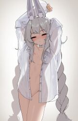 1girl absurdres animal_ear_hairband animal_ears arms_up azur_lane bottomless braid breasts choker fake_animal_ears grey_hair groin hairband highres le_malin_(azur_lane) le_malin_(listless_lapin)_(azur_lane) long_hair mark_jin navel official_alternate_hairstyle petite rabbit_ear_hairband rabbit_ears shirt small_breasts solo twin_braids very_long_hair white_choker white_shirt