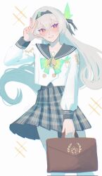 1girl bag black_hair black_sailor_collar blush brown_bag buttons checkered_clothes checkered_skirt collared_shirt double-breasted firefly_(honkai:_star_rail) firefly_(spring_missive)_(honkai:_star_rail) gradient_eyes green_pupils grey_hair grey_skirt hair_between_eyes hair_intakes hair_ornament hair_ribbon handbag highres holding holding_bag honkai:_star_rail honkai_(series) long_sleeves multicolored_eyes open_mouth pleated_skirt ribbon rinsmeray sailor_collar shirt simple_background skirt smile solo sparkle thighhighs two-tone_eyes v white_background white_shirt white_sleeves white_thighhighs