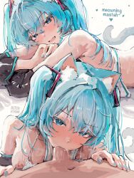 1boy 1girl alterkyon animal_ear_fluff animal_ears aqua_hair artist_name blue_nails cat_ears cat_tail commentary detached_sleeves english_commentary english_text fellatio hair_ornament hatsune_miku hetero highres long_hair looking_at_viewer multiple_views oral penis smile tail twintails uncensored very_long_hair vocaloid