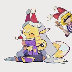 Rule 34 | 2girls, armor, bar censor, black bodysuit, blonde hair, bodysuit, censored, censored identity, chibi, christmas, crossover, digimon, digimon (creature), food, fox mask, fox tail, gold armor, grey background, grey hair, hat, highres, holding, holding food, long hair, mask, mini hat, mini santa hat, multiple girls, red hat, sakuyamon, santa hat, short hair, simple background, sitting, tail, touhou, trait connection, yakumo ran, yin yang, zocehuy