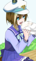 1girl animal_ears asymmetrical_bangs bench blonde_hair blue_eyes bow bowtie brown_hair cheval_grand_(umamusume) commentary_request eating food hat highres holding holding_food horse_ears horse_girl long_sleeves looking_at_viewer moriaka multicolored_hair open_mouth pleated_skirt school_uniform short_hair sitting skirt solo steam steamed_bun streaked_hair tracen_school_uniform umamusume white_bow white_bowtie winter_uniform