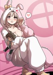 1girl ahoge alternate_costume animal_ears animal_hood blunt_bangs blush bow breasts brown_eyes brown_hair character_doll cleavage collarbone cosplay danganronpa_(series) danganronpa_2:_goodbye_despair hugging_doll ear_bow fake_animal_ears fake_tail flipped_hair full_body hand_up heart heart-shaped_pupils highres hinata_hajime hood hood_up kinkymation large_breasts light_brown_hair long_sleeves looking_at_viewer medium_hair mole mole_on_breast monomi_(danganronpa) monomi_(danganronpa)_(cosplay) nanami_chiaki necktie hugging_object orange_bow pajamas pink_background pink_eyes rabbit_ears rabbit_hood rabbit_tail smile socks solo speech_bubble spoken_heart symbol-shaped_pupils tail teeth