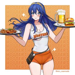 1girl absurdres alcohol beer beer_mug blue_eyes blue_hair blush breasts burger chicken_(food) cleavage closed_mouth cowboy_shot cup dual_wielding fire_emblem fire_emblem_awakening food hairband highres holding holding_tray hooters long_hair lucina_(fire_emblem) medium_breasts mug nintendo orange_shorts plate rein_creamsoda short_shorts shorts smile solo standing tank_top tiara tray white_tank_top