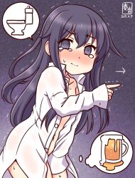 Rule 34 | 1girl, @ @, akatsuki (kancolle), alcohol, alternate costume, artist logo, beer, blush, commentary request, cowboy shot, dated, gradient background, have to pee, kanon (kurogane knights), kantai collection, logo, long hair, long sleeves, looking at viewer, one-hour drawing challenge, purple background, purple eyes, purple hair, shirt, solo, sweatdrop, toilet, white shirt
