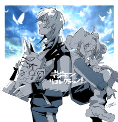 Rule 34 | 1boy, 1girl, brother and sister, cowboy shot, digimon, digimon (creature), digimon recollection, glasses, greyscale with colored background, highres, holding, hood, hood down, hooded jacket, jacket, long hair, nozomi mayu, nozomi riko, omekamon, ookutsuwa waga, pants, round eyewear, short hair, shorts, siblings, terriermon, twintails