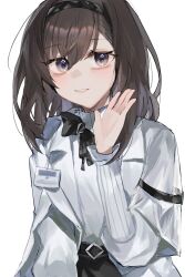 1girl arknights black_hairband brown_hair coat commentary fumi_(rdbm) grey_eyes grin hair_between_eyes hairband hand_up highres lab_coat long_sleeves looking_at_viewer medium_hair open_clothes open_coat priestess_(arknights) simple_background smile solo sweater turtleneck turtleneck_sweater upper_body waving white_background white_coat white_sweater