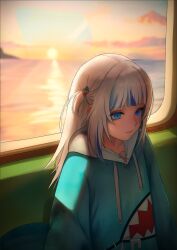 1girl animal_costume blue_eyes blue_hair blue_hoodie blunt_bangs closed_mouth commentary drawstring english_commentary gawr_gura gawr_gura_(1st_costume) grey_hair hair_ornament highres hololive hololive_english hood hoodie lazik_1337 long_hair long_sleeves multicolored_hair ocean sad_smile shark_costume shark_hair_ornament sitting solo streaked_hair sunset two_side_up upper_body virtual_youtuber