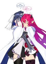 2girls black_hair black_thighhighs blue_hair cape closed_eyes colored_inner_hair commentary dasdokter english_commentary english_text from_side hair_intakes halo hands_on_another&#039;s_ass head_chain highres hololive hololive_english horns hug irys_(hololive) irys_(irys_2.0)_(hololive) jewelry long_hair long_sleeves multicolored_hair multiple_girls ouro_kronii ouro_kronii_(1st_costume) pink_hair pointy_ears short_hair simple_background speech_bubble thighhighs two-tone_hair veil very_long_hair virtual_youtuber white_background white_cape wide_sleeves yuri