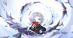 Rule 34 | 1boy, absurdres, aotsuki eito, bird, black feathers, chinese commentary, cropped torso, crow, eating, feathers, flock, food, food on face, gakuran, glasses, grey hair, highres, holding, holding food, last defense academy school uniform, looking at viewer, male focus, purple eyes, school uniform, short hair, solo, the hundred line -last defense academy-, tomato, trade-wind, white background