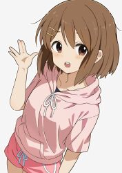 1girl blush brown_eyes brown_hair collarbone dot_nose feet_out_of_frame female_focus hair_between_eyes hair_ornament hairclip highres hirasawa_yui hood hoodie k-on! kdm844 legs looking_at_viewer open_mouth short_hair short_sleeves simple_background solo standing teeth white_background