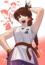 00a3af_231 1girl braid brown_eyes brown_hair clothes_writing dougi fingerless_gloves gloves headband highres looking_at_viewer open_mouth red_headband ryuuko_no_ken single_braid smile solo the_king_of_fighters v yuri_sakazaki