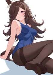 1girl absurdres animal_ears black_hair black_pantyhose breasts closed_mouth commentary covered_navel feet foot_out_of_frame hair_ornament highres horse_ears legs long_hair no_shoes pantyhose pantyhose_under_swimsuit purple_eyes rice_shower_(umamusume) school_swimsuit simple_background small_breasts smile soles solo swimsuit thighband_pantyhose thighs toe_seam toes tsubame_tien umamusume white_background
