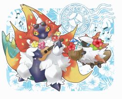 +_+ animal_focus bug coconut coconut_cup cross-shaped_pupils drinking_straw evolutionary_line flower flower_necklace gen_5_pokemon hair_flower hair_ornament highres insect instrument jewelry larvesta lei mofu_(pk3566) moth necklace nintendo no_humans pokemon pokemon_(creature) pokemon_focus slither_wing symbol-shaped_pupils ukulele white_fur wings yellow_eyes