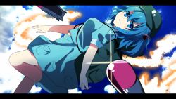 1girl backpack bag blue_eyes blue_hair blue_sky boots breasts cloud female_focus fujishiro_emyu hair_bobbles hair_ornament hat kawashiro_nitori letterboxed looking_at_viewer matching_hair/eyes medium_breasts puffy_sleeves rocket rubber_boots shirt short_sleeves skirt skirt_set sky smile solo touhou twintails two_side_up