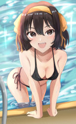1girl :d bikini black_bikini breasts brown_eyes brown_hair hairband leaning_forward medium_breasts open_mouth pool sasai_tuki short_hair smile solo suzumiya_haruhi suzumiya_haruhi_no_yuuutsu swimsuit wading water yellow_hairband