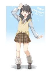 Rule 34 | 1girl, ;d, \||/, animification, arm up, black hair, black shoes, blue shirt, blunt bangs, brown necktie, brown skirt, collared shirt, commentary, dated, dress shirt, grey arm warmers, grey eyes, hairband, happy birthday, highres, loafers, long sleeves, looking at viewer, matsurugi tsukasa, miniskirt, necktie, nirei nozomi, one eye closed, open mouth, plaid clothes, plaid skirt, pleated skirt, real life, shirt, shirt partially tucked in, shoes, skirt, smile, solo, voice actor, white hairband