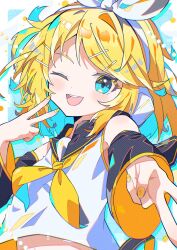 Rule 34 | 1girl, aramedraw, bare shoulders, blonde hair, blue eyes, bow, breasts, collared shirt, detached sleeves, hair ornament, hair ribbon, hand up, highres, kagamine rin, looking at viewer, medium hair, midriff, nail polish, one eye closed, open mouth, parted bangs, ribbon, shirt, sidelocks, small breasts, smile, solo, teeth, upper body, upper teeth only, v, vocaloid, white background, white shirt, wide sleeves