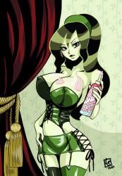 1girl alternate_breast_size alternate_hairstyle bare_arms bare_shoulders breasts bustier cleavage colored_skin cowboy_shot curtains curvy facing_viewer female_focus garter_straps green_hair green_skin green_skirt green_thighhighs high_ponytail image_sample indoors kim_possible_(series) large_breasts legs_together light_blush looking_at_viewer lychee_soda microskirt midriff no_bra no_panties pale_skin panties parted_lips pixiv_sample ponytail resized revealing_clothes shego side-tie_skirt skirt solo standing strapless thighhighs underwear whipped_cream