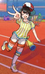 Rule 34 | 1girl, asymmetrical legwear, baseball cap, hat, highres, hololive, looking at viewer, megaphone, one eye closed, oozora subaru, pants, running, shirt, shoes, short hair, short sleeves, smile, solo, stopwatch, striped clothes, sweatband, sweatdrop, t-shirt, teeth, v, virtual youtuber, watch, white pants