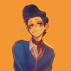 Rule 34 | 1boy, :3, blue hair, blue vest, colored skin, highres, looking at viewer, male focus, mercywashere, phone, pompadour, solo, sweater vest, vest, wally darling, welcome home (arg), yellow background, yellow skin