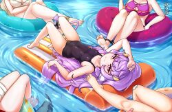 Rule 34 | 5girls, animal ears, barefoot, bikini, black one-piece swimsuit, breasts, cleavage, commentary, covered navel, cow ears, cow girl, cow horns, efreezerarts, eimi isami, english commentary, feet, foot focus, green nails, head out of frame, highres, hikanari hina, horns, large breasts, legs, long hair, looking at viewer, mole, mole under mouth, multiple girls, muu muyu, nail polish, one-piece swimsuit, paid reward available, phase connect, phase euphoria, pink eyes, pool, purple hair, purple nails, red nails, runie ruse, saya sairroxs, school swimsuit, small breasts, smile, soaking feet, soles, swimsuit, tail, toenail polish, toenails, toes, very long hair, virtual youtuber, white nails