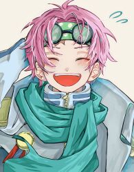Rule 34 | 1boy, ^ ^, absurdres, blush, closed eyes, coat, coat on shoulders, commentary, eyewear on head, flying sweatdrops, headband, highres, koby (one piece), male focus, one piece, open mouth, pink hair, scarf, short hair, solo, teeth, turtleneck, u mi031, upper body, upper teeth only, white coat