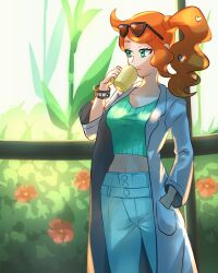 1girl aqua_eyes aqua_shirt black-framed_eyewear breasts collarbone cup denim eyewear_on_head hair_ornament hand_in_pocket hand_up heart heart_hair_ornament highres holding holding_cup jeans lab_coat long_hair medium_breasts midriff mug nintendo orange-tinted_eyewear orange_hair pants pokemon pokemon_swsh ribbed_shirt shirt side_ponytail solo sonia_(pokemon) sunglasses swept_bangs third-party_source tinted_eyewear tokono_touhi v-neck wavy_hair