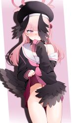 1girl absurdres beret black_hat black_wings blue_archive blush closed_mouth clothes_lift covering_crotch covering_privates embarrassed feathered_wings halo hat head_wings highres koharu_(blue_archive) lifting_own_clothes long_hair long_sleeves looking_at_viewer low_wings navel neckerchief no_panties pink_eyes pink_hair pink_halo pink_neckerchief pleated_skirt sailor_collar school_uniform skirt skirt_lift solo standing stomach twintails white_sailor_collar winged_hat wings z.taiga