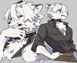 1boy angry animal_collar animal_ear_fluff animal_ears black_hair black_shirt blood blood_on_face body_fur brown_pants close-up collar collared_shirt from_side furry furry_male grey_background hair_between_eyes hair_over_one_eye hand_in_pocket kuhu1212 looking_at_viewer male_focus multicolored_hair multiple_views pants red_eyes shirt short_sleeves simple_background spiked_collar spikes two-tone_hair upper_body vest von_lycaon white_fur white_hair wolf_boy wolf_ears zenless_zone_zero