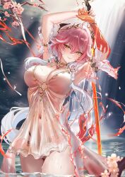 1girl absurdres ahoge armpits arms_up bikini black_bow body_markings bow braid breasts burning_clothes changli_(laurel_nymph)_(wuthering_waves) changli_(wuthering_waves) chinese_commentary cleavage closed_mouth colored_extremities commentary_request dress feather_hair hair_between_eyes hair_bow hair_extensions head_wreath highres holding holding_sword holding_weapon large_breasts long_hair looking_at_viewer multicolored_hair navel official_alternate_costume pink_hair red_hands ring_hair_extensions smile solo swimsuit sword thighs twin_braids two-tone_hair vardan very_long_hair wading water weapon wet white_bikini white_dress white_hair wuthering_waves yellow_eyes