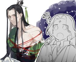 Rule 34 | 2boys, :o, bdsm, bindi, black hair, bondage, bound, chinese clothes, dazed, facial mark, forehead mark, furrowed brow, green ribbon, hair bun, hanfu, highres, holding, holding unworn clothes, long hair, long sleeves, looking at viewer, luo binghe, male focus, multiple boys, noroinoenojin, open mouth, partially colored, partially undressed, pectoral cleavage, pectorals, red rope, renzha fanpai zijiu xitong, ribbon, ribboned xiao guan, rope, shen qingqiu, star (symbol), sweatdrop, torn clothes, upper body, white background, xiao guan (headdress), yaoi, zuiyin