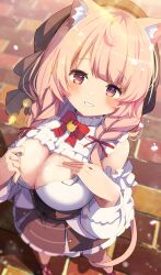 1girl absurdres ahoge animal_ear_fluff animal_ears bare_shoulders beret black_skirt blunt_bangs blurry blurry_background blush bow bowtie braid breasts brick_floor brown_ribbon brown_shoes brown_skirt cat_ears cat_girl cat_tail center_frills cleavage cleavage_cutout clothes_pull clothing_cutout commission cross-laced_clothes cross-laced_skirt depth_of_field detached_sleeves frilled_shirt frilled_skirt frilled_sleeves frills from_above full_body grin hair_ribbon hand_on_own_chest hands_on_own_chest hat hat_ribbon high-waist_skirt highres large_breasts light_particles long_hair long_sleeves looking_at_viewer looking_up low_twin_braids multicolored_eyes original outdoors pink_eyes pink_hair pink_tail purple_eyes red_bow red_bowtie red_ribbon ribbon shiro9jira shirt shirt_pull shoes skeb_commission skirt sleeveless sleeveless_shirt smile solo standing symbol_in_eye tail teeth twin_braids twintails underbust white_shirt white_sleeves