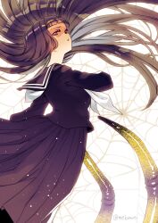Rule 34 | 1girl, arched back, arthropod limbs, atlach-nacha, black hair, blunt bangs, commentary request, feet out of frame, floating hair, from side, furrowed brow, hair floating upwards, hayasaka, highres, hirasaka hatsune, light particles, long hair, long skirt, long sleeves, looking at viewer, looking to the side, neckerchief, parted lips, purple serafuku, purple shirt, purple skirt, red eyes, school uniform, serafuku, shaded face, shirt, skirt, solo, spider web background, twitter username, white background, white neckerchief
