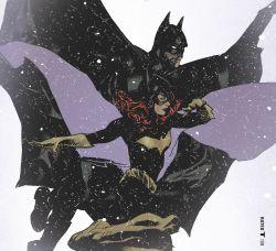 1boy 1girl adam_hughes barbara_gordon bat_(animal) batgirl batman belt black_bodysuit bodysuit boots bruce_wayne comic costume cover dark_knight dc_comics flying gloves highres mask red_hair simple_background superhero_costume white_background white_eyes wings