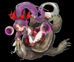 1girl beard black_background bow commentary facial_hair genjii_(touhou) hair_tubes hakama hakurei_reimu hakurei_reimu_(pc-98) highres japanese_clothes long_eyebrows long_hair matsukuzu miko open_mouth orb parted_bangs ponytail purple_eyes purple_hair red_bow red_hakama riding riding_animal shirt tail touhou touhou_(pc-98) turtle white_shirt wide_sleeves yin_yang yin_yang_orb