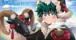 1boy bell blonde_hair blush boku_no_hero_academia clothes cup freckles gloves goat green_eyes green_hair highres long_sleeves looking_at_viewer male_focus midoriya_izuku red_gloves seoltang_(nitro_sugar) shirt short_hair simple_background smile