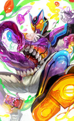 1boy absurdres candy extra_mouth food gochizo highres jelly_bean kamen_rider kamen_rider_gavv kamen_rider_gavv_(poppingummy_form) kamen_rider_gavv_(series) long_tongue male_focus sharp_teeth stomach_mouth teeth tongue twitter_username yukimura821